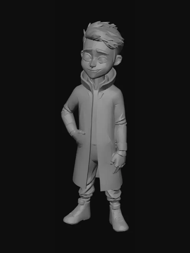 3D model for 3D animated cinematic character model of Kairen Vos, Disney/Pixar style ultra-detailed, lean athletic male, slightly tired intelligent expression, large expressive eyes with subtle digital glitch reflection, short messy dark hair, futuristic dark graphite long coat with asymmetrical edges, glowing blue circuit lines embedded in fabric, high-collar minimalist tech suit, wrist data-band emitting soft blue holographic glow, sleek sci-fi boots, neutral A-pose for rigging, clean studio background, soft global illumination, film-quality stylized render, depth and material accuracy, animation-ready model sheet, consistent proportions, no realism, cinematic lighting, high detail mesh-ready character.