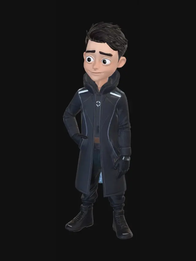 3D model for 3D animated cinematic character model of Kairen Vos, Disney/Pixar style ultra-detailed, lean athletic male, slightly tired intelligent expression, large expressive eyes with subtle digital glitch reflection, short messy dark hair, futuristic dark graphite long coat with asymmetrical edges, glowing blue circuit lines embedded in fabric, high-collar minimalist tech suit, wrist data-band emitting soft blue holographic glow, sleek sci-fi boots, neutral A-pose for rigging, clean studio background, soft global illumination, film-quality stylized render, depth and material accuracy, animation-ready model sheet, consistent proportions, no realism, cinematic lighting, high detail mesh-ready character.