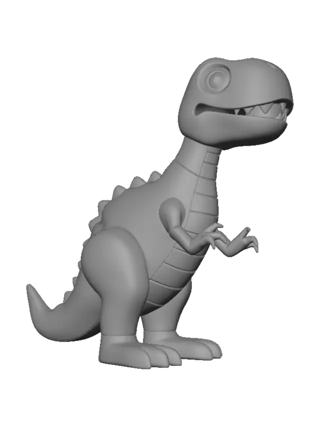 3D model for Erstelle ein hochwertiges, 3D-druckbares Modell eines niedlichen T-Rex-Dinosauriers als Handspielzeug (Articulated Flexi Toy). Das Modell soll vollständig ohne Schrauben oder Montage aus einem Stück druckbar sein. Der Dinosaurier soll bewegliche, miteinander verbundene Glieder besitzen: Kopf, Hals, Körper, Schwanz und alle vier Beine müssen durch integrierte Gelenke flexibel beweglich sein. Die Gelenke müssen genügend Spiel haben, damit sie nach dem Druck leicht beweglich sind und nicht verkleben. Das Modell soll für FDM-3D-Druck optimiert sein, keine Stützstrukturen benötigen und flach auf dem Druckbett liegen. Runde, kinderfreundliche Formen, große Augen und eine leicht cartoonartige Optik. Größe etwa 18–22 cm Länge. Wandstärke mindestens 1,6 mm, Gelenkabstand 0,3–0,4 mm.