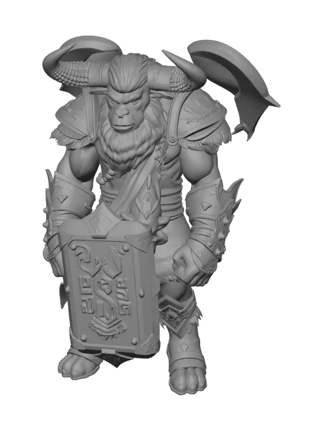 3D model for Create a game-ready stylized fantasy hero for a mobile top-down action RPG.
The character is a powerful Stonebreaker minotaur warrior with a heroic, friendly but intimidating appearance. He has a broad muscular upper body, shorter strong legs, large curved dark horns, a thick braided dark-purple beard and mane, expressive glowing turquoise eyes, large hands and heavy hooves.
He wears stylized turquoise and bronze shoulder armor, leather bracers, a decorated belt, magenta cloth wraps and small glowing cyan runes. His armor should look handcrafted from stone, bronze, leather and magical crystals.
Give him a massive rectangular stone hammer as a separate object, designed to attach to the right-hand bone. The hammer has chipped stone edges, bronze reinforcement, engraved runes and a subtle