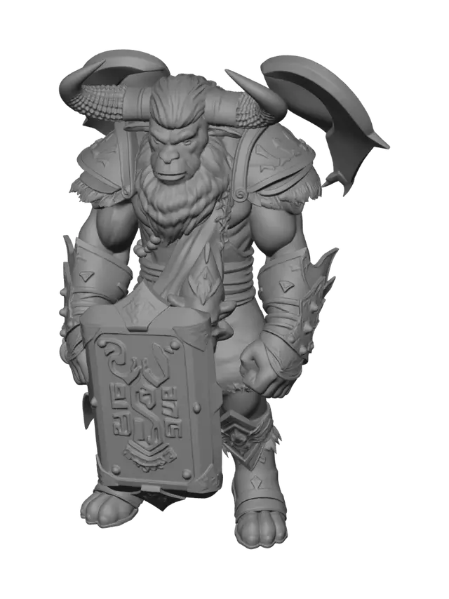 3D model for Create a game-ready stylized fantasy hero for a mobile top-down action RPG.
The character is a powerful Stonebreaker minotaur warrior with a heroic, friendly but intimidating appearance. He has a broad muscular upper body, shorter strong legs, large curved dark horns, a thick braided dark-purple beard and mane, expressive glowing turquoise eyes, large hands and heavy hooves.
He wears stylized turquoise and bronze shoulder armor, leather bracers, a decorated belt, magenta cloth wraps and small glowing cyan runes. His armor should look handcrafted from stone, bronze, leather and magical crystals.
Give him a massive rectangular stone hammer as a separate object, designed to attach to the right-hand bone. The hammer has chipped stone edges, bronze reinforcement, engraved runes and a subtle