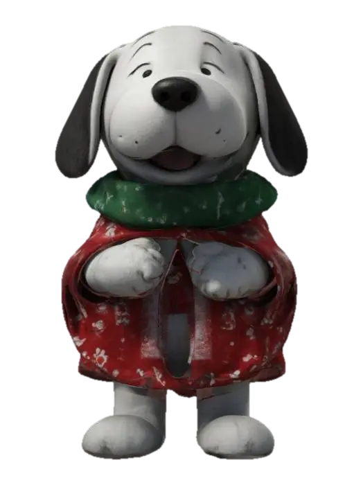 create Snoopy as if he was a real dog as a stylized dirty dog who has wrapped a… 3D model, vytvořený pomocí AI