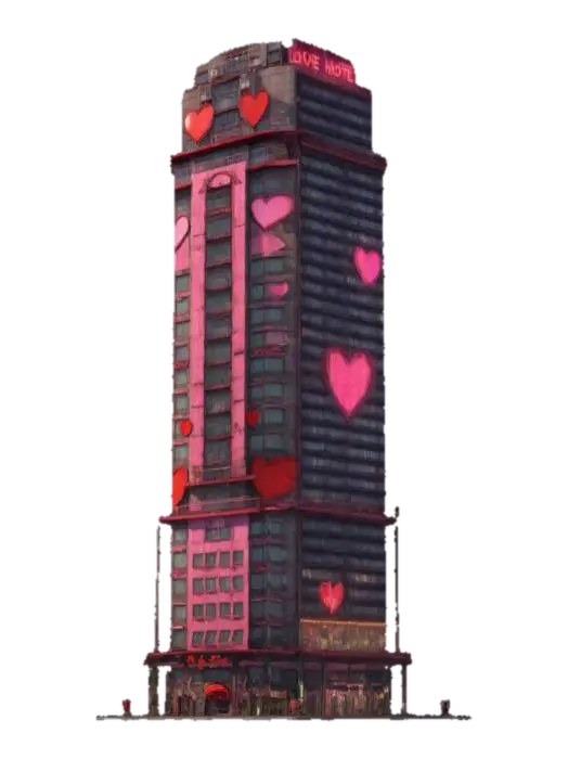 A High-rise ラブホテル Tower, with a kaiju theme. 8k textures, all sides match well.… - Hotel 3D model, vytvořený pomocí AI