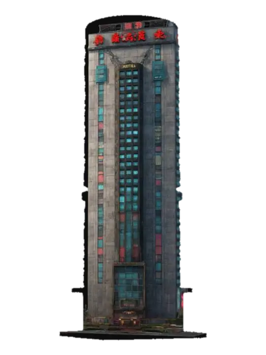 A High-rise ラブホテル Tower, with a kaiju theme. 8k textures, all sides match well.… - Hotel 3D model, vytvořený pomocí AI