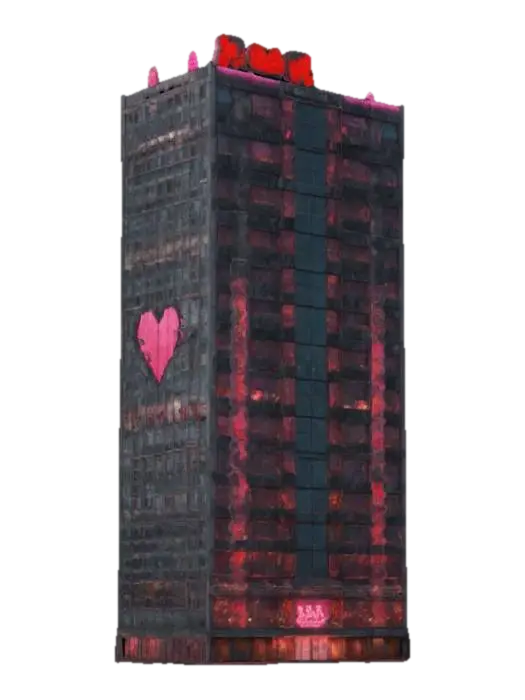 A High-rise ラブホテル Tower, with a kaiju theme. 8k textures, all sides match well.… - Hotel 3D model, vytvořený pomocí AI