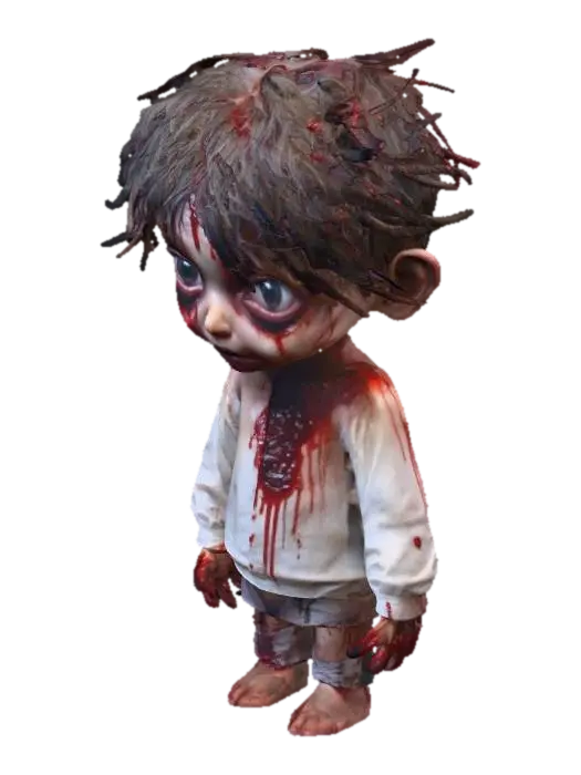 Miko Hughes, Gage Creed, hororový malý chlapec, velké oči, má na sobě krev, ultra… - Xmas 3D model, vytvořený pomocí AI