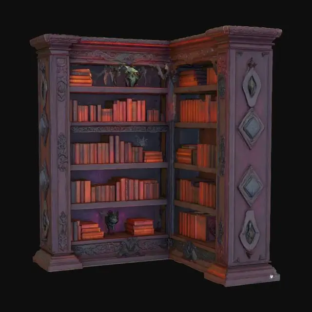 3D model for A large fantasy horror corner bookshelf, "Lord of the Flies". vivid Halloween colorization, Lovecraftian horror, NVIDIA OptiX, Renderotica, Daz3D, Renderocity, Ray Traced, rough textures, deeply carved detail, Game Engine, highest quality, highest resolution, insane detailed, z-brush, v-ray, Meshy masterpiece, prize winning, ambient Halloween lighting.  #Halloween2025#