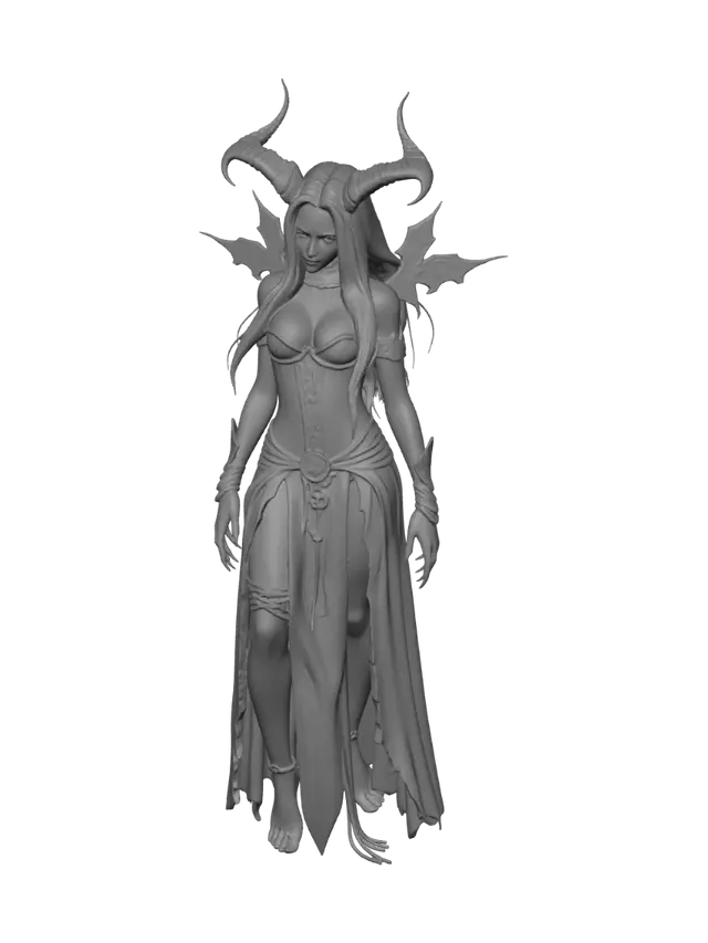 3D model for create a stl file that is printable with clear details for a gothic female demon that is dressed in a corset and a long flowing skirt with a slit up the leg and she should have horns on her head and long flowing hair and claws.