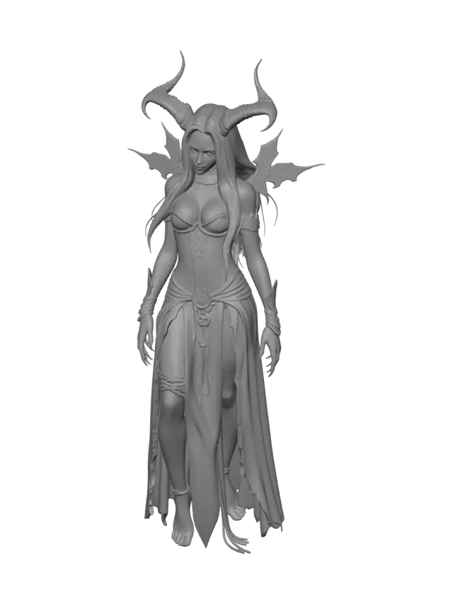 3D model for create a stl file that is printable with clear details for a gothic female demon that is dressed in a corset and a long flowing skirt with a slit up the leg and she should have horns on her head and long flowing hair and claws.