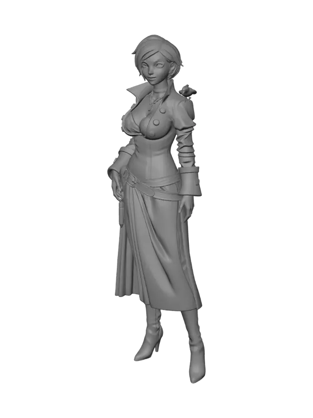 3D model for a full figured female pirate with short red hair, green eyes, a long full skirt, bodice and captains jacket. include a small sized raven on her shoulder and she should be standing on a rocky platform.  This should be a stl file and fully printable with sharp details.