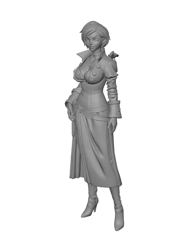 3D model for a full figured female pirate with short red hair, green eyes, a long full skirt, bodice and captains jacket. include a small sized raven on her shoulder and she should be standing on a rocky platform.  This should be a stl file and fully printable with sharp details.