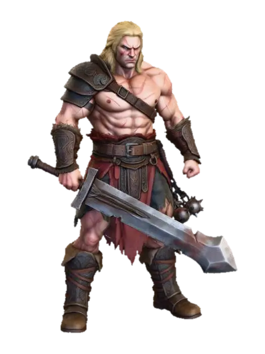 Let's draw Serjão wielding a large, heavy, rustic two-handed sword. His flail is… 3D model, vytvořený pomocí AI