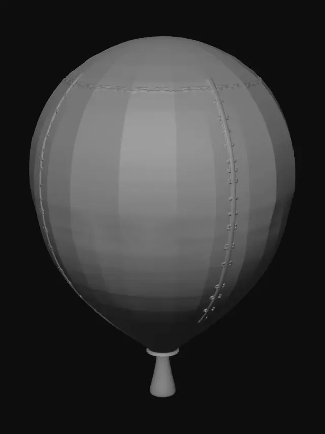3D model for Erstelle ein 3D-druckbares Türschild in Form eines klassischen Luftballons. Der Ballon hat eine runde, leicht tropfenförmige Silhouette, unten ein Pustestück mit Knoten; das Pustestück ist leicht nach rechts gebogen. Die Vorderseite wirkt wie ein aufgeblasener Folien-/Bubble-Ballon: wulstige, erhabene Naht entlang der Außenkante, weiche aufgepolsterte Ränder und dezente Knitterfalten/Spannungsfalten auf der Oberfläche, besonders am Rand und am Knoten. Die Rückseite ist auf der X-Achse um 90° gerade abgeschnitten und plan, damit der Ballon flach an Tür/Wand liegt. Auf der Vorderseite ist Platz für einen gut lesbaren Namen, erhaben oder leicht eingelassen. Stil: süß, hochwertig, kindlich, druckbar, ohne dünne Details.