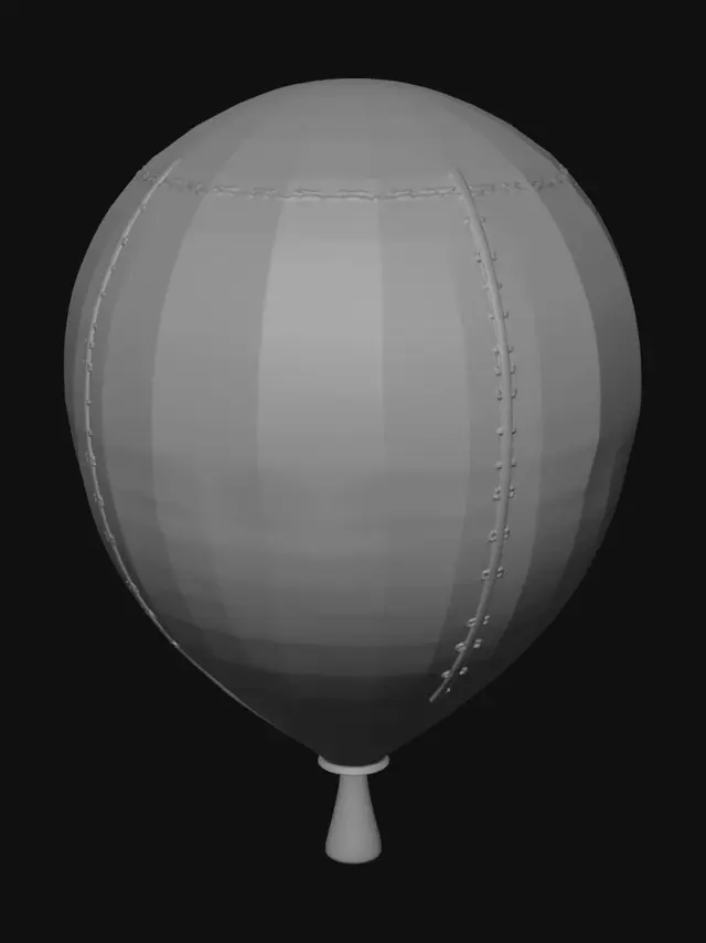 3D model for Erstelle ein 3D-druckbares Türschild in Form eines klassischen Luftballons. Der Ballon hat eine runde, leicht tropfenförmige Silhouette, unten ein Pustestück mit Knoten; das Pustestück ist leicht nach rechts gebogen. Die Vorderseite wirkt wie ein aufgeblasener Folien-/Bubble-Ballon: wulstige, erhabene Naht entlang der Außenkante, weiche aufgepolsterte Ränder und dezente Knitterfalten/Spannungsfalten auf der Oberfläche, besonders am Rand und am Knoten. Die Rückseite ist auf der X-Achse um 90° gerade abgeschnitten und plan, damit der Ballon flach an Tür/Wand liegt. Auf der Vorderseite ist Platz für einen gut lesbaren Namen, erhaben oder leicht eingelassen. Stil: süß, hochwertig, kindlich, druckbar, ohne dünne Details.