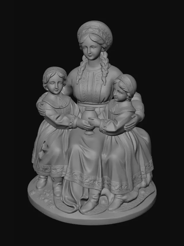 3D model for Mother and Two Daughters in Traditional Red Attire
