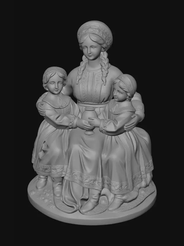 3D model for Mother and Two Daughters in Traditional Red Attire