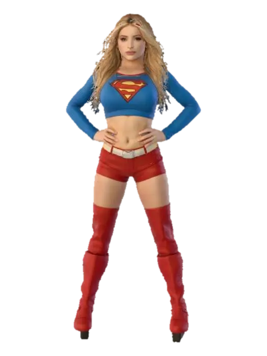 Photo of a woman with long blonde hair, wearing a blue Superman costume with a red… - Dccomics 3D model, vytvořený pomocí AI