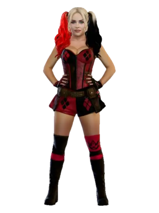 przygotuj postać w stylu costplay harley quinn fotorealizm postać kobieca, nacisk na… 3D model, vytvořený pomocí AI