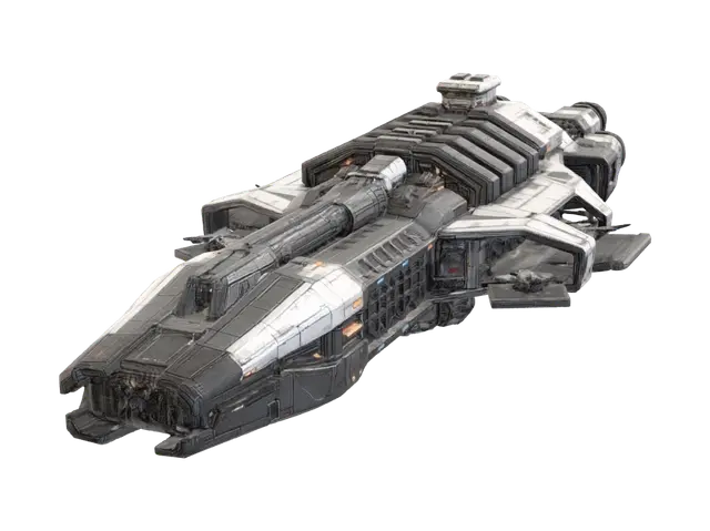 3D model for Using the supplied images, create a combat freighter with an aggressive military shape, visible armor panels, an elongated form with hangars on top for fighter jets, a repair area in the middle of the stern, a bridge on the upper deck, a centrally located magnetic spine cannon, and angled plates along the dorsal area, mirroring the spine's angle, protecting a cargo and living area. The design features metallic colors and a body shape inspired by the art of the mass effect franchise.