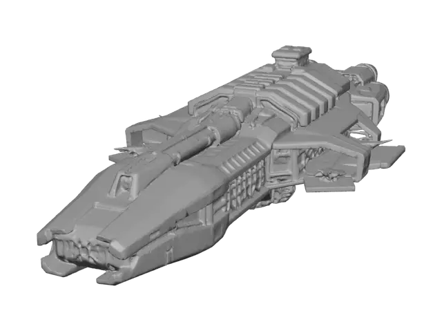 3D model for Using the supplied images, create a combat freighter with an aggressive military shape, visible armor panels, an elongated form with hangars on top for fighter jets, a repair area in the middle of the stern, a bridge on the upper deck, a centrally located magnetic spine cannon, and angled plates along the dorsal area, mirroring the spine's angle, protecting a cargo and living area. The design features metallic colors and a body shape inspired by the art of the mass effect franchise.