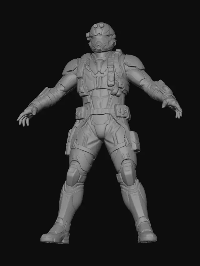 3D model for conceptual image of a videogame 3d character model, character design employs a mix of metal gear and splinter cell art styles, white background, full body frontal angle, arms and legs spread forming a star-like pose, no weapons, helmeted head, metallic colors, somber colors for the undersuit layer, athletic body.

avoid: deformed body shape, mutated limbs, extra fingers, mutated hands, no helmet, no visible hair.