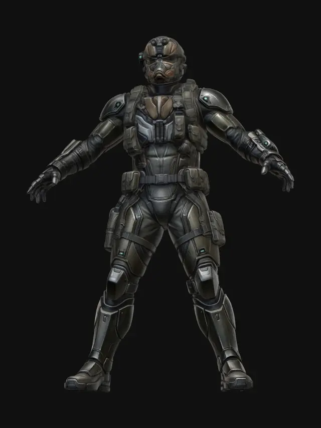 3D model for conceptual image of a videogame 3d character model, character design employs a mix of metal gear and splinter cell art styles, white background, full body frontal angle, arms and legs spread forming a star-like pose, no weapons, helmeted head, metallic colors, somber colors for the undersuit layer, athletic body.

avoid: deformed body shape, mutated limbs, extra fingers, mutated hands, no helmet, no visible hair.