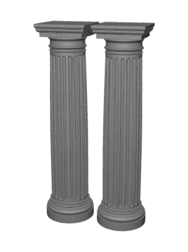 3D model for Two tall ancient Greek columns made of white marble, standing upright, but visibly hollow inside with cracks, 3D model, isolated on transparent background, neutral dramatic lighting.