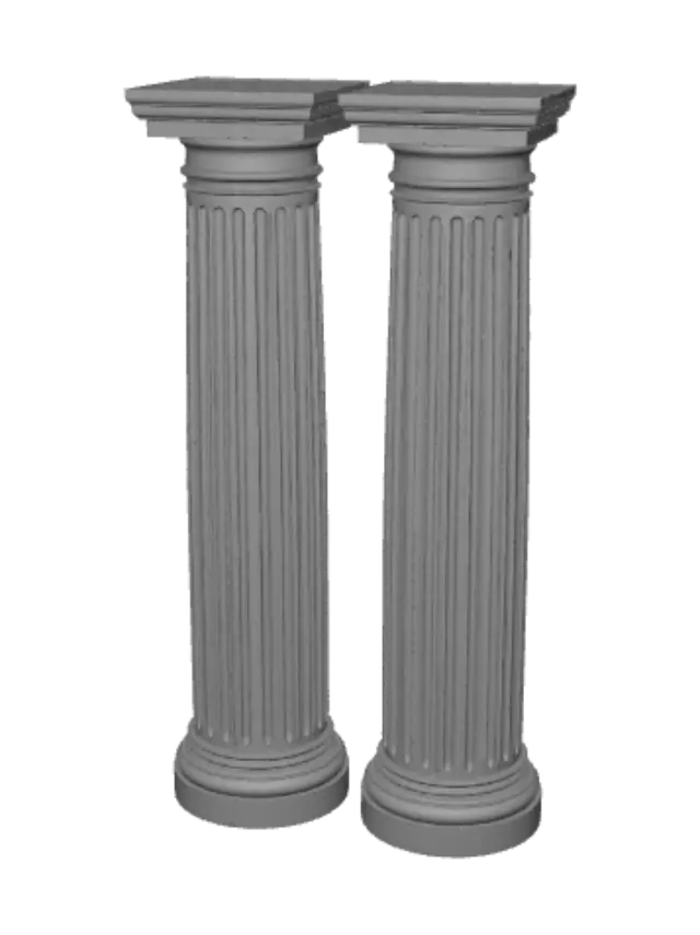 3D model for Two tall ancient Greek columns made of white marble, standing upright, but visibly hollow inside with cracks, 3D model, isolated on transparent background, neutral dramatic lighting.