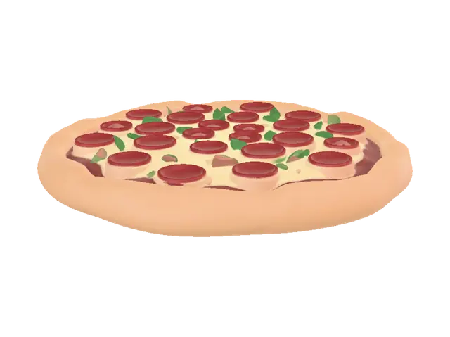 3D model for Create a complete 3D model of a full round pizza, viewed as a whole circular pizza, not a slice. The pizza must have a perfectly round shape with a thick, slightly raised crust around the entire circumference, melted golden cheese covering the entire top surface, and evenly distributed pepperoni slices and toppings. Stylized low-poly cartoon game asset, clean geometry, chunky proportions, simple shapes, smooth but clearly defined surfaces, vibrant colors, no plate, no box, no cutting, no missing parts. The model must be fully 3D and viewable from every angle, including the sides and bottom. Game-ready asset with optimized low-poly geometry.