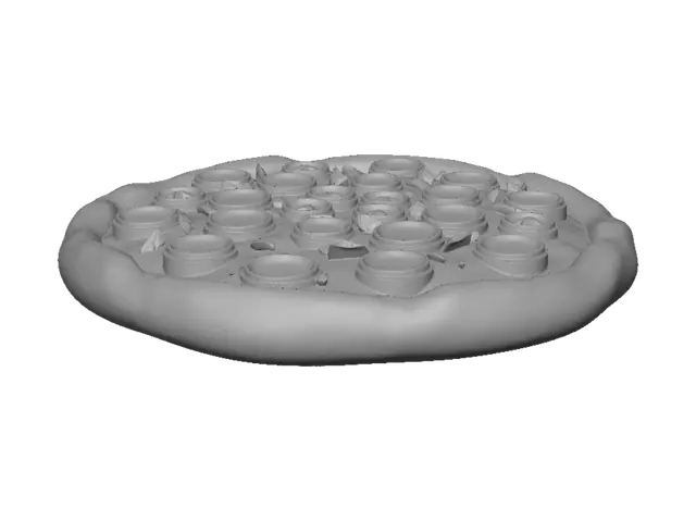 3D model for Create a complete 3D model of a full round pizza, viewed as a whole circular pizza, not a slice. The pizza must have a perfectly round shape with a thick, slightly raised crust around the entire circumference, melted golden cheese covering the entire top surface, and evenly distributed pepperoni slices and toppings. Stylized low-poly cartoon game asset, clean geometry, chunky proportions, simple shapes, smooth but clearly defined surfaces, vibrant colors, no plate, no box, no cutting, no missing parts. The model must be fully 3D and viewable from every angle, including the sides and bottom. Game-ready asset with optimized low-poly geometry.