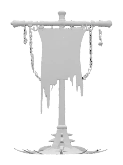 3D model for A stylized medieval war banner stand with a rugged, battle-worn design. The structure consists of a thick wooden post reinforced with jagged black metal plates and spikes. A tattered red banner with a dark emblem hangs from a sturdy wooden crossbeam, secured by heavy metal chains. The base is reinforced with sharp, uneven black metal, giving it a brutal, fortress-like appearance. The overall design is dark, powerful, and fitting for a fantasy or war-torn setting.