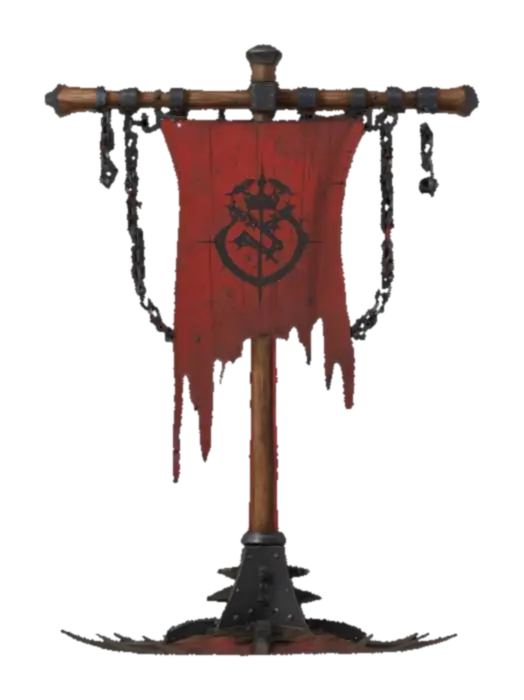 3D model for A stylized medieval war banner stand with a rugged, battle-worn design. The structure consists of a thick wooden post reinforced with jagged black metal plates and spikes. A tattered red banner with a dark emblem hangs from a sturdy wooden crossbeam, secured by heavy metal chains. The base is reinforced with sharp, uneven black metal, giving it a brutal, fortress-like appearance. The overall design is dark, powerful, and fitting for a fantasy or war-torn setting.