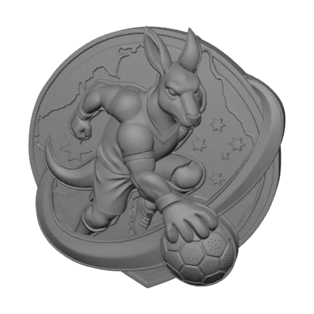 3D model for Design an Australian World Cup themed mascot or logo featuring a kangaroo, a soccer ball, and green-and-gold national colors. The style can be playful and energetic like a mascot, or clean and bold like a modern sports logo. Include subtle Australian elements such as the Southern Cross stars or an outline of Australia. The design should be recognizable, sporty, and suitable for branding or event graphics.