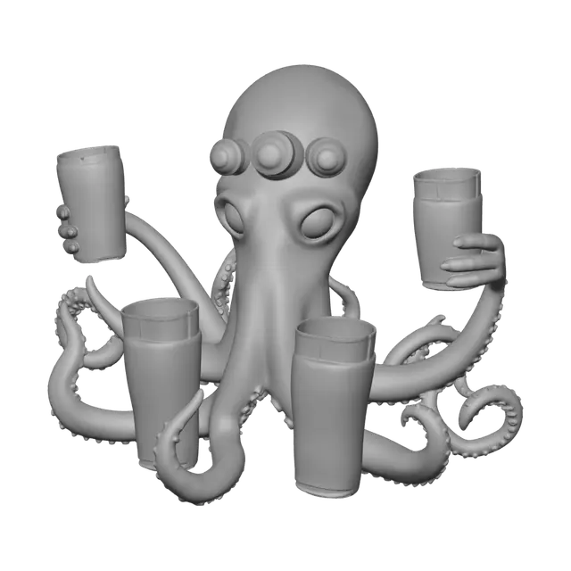 3D model for create me a pink octopus with three eyes which is holding 3 beers withits arms on the dock