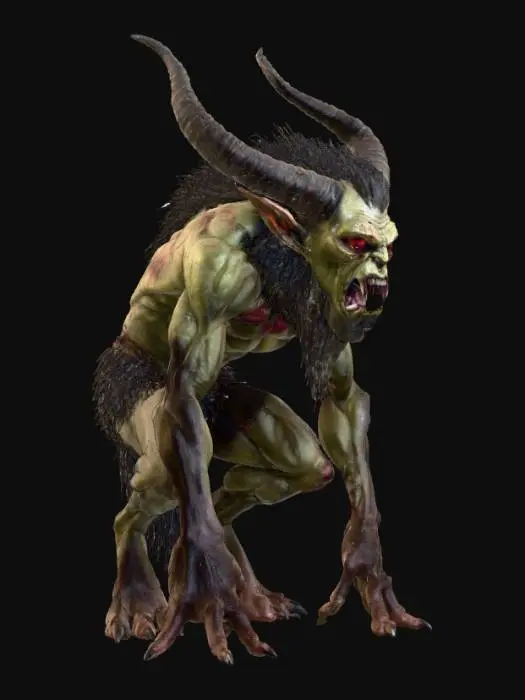 3D model for a skinny, hunchbacked orc with long arms and large, bulging red eyes, with arched arms and hair spread out like an old broom, and huge ears full of spikes as if they were gills, in a squatting position looking down fixedly with feet larger than his own body with long, monstrous nails, with a black aura coming out of him as if it were black smoke, high quality, rendered, digital art style, ex: John Howe#villain#