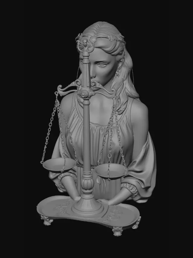 3D model for 3D stylized diorama. A solemn young woman in a simple gray dress standing inside one large pan of an antique copper balance scale. In the opposing scale pan, a small, delicate translucent glowing fetus figurine. The central pillar of the scale is wrapped in heavy iron chains and topped with a rigid gavel, symbolizing the law. Weathered copper material with green patina. Dramatic cinematic lighting, high-contrast shadows, highly detailed textures, PBR materials, clean topology.