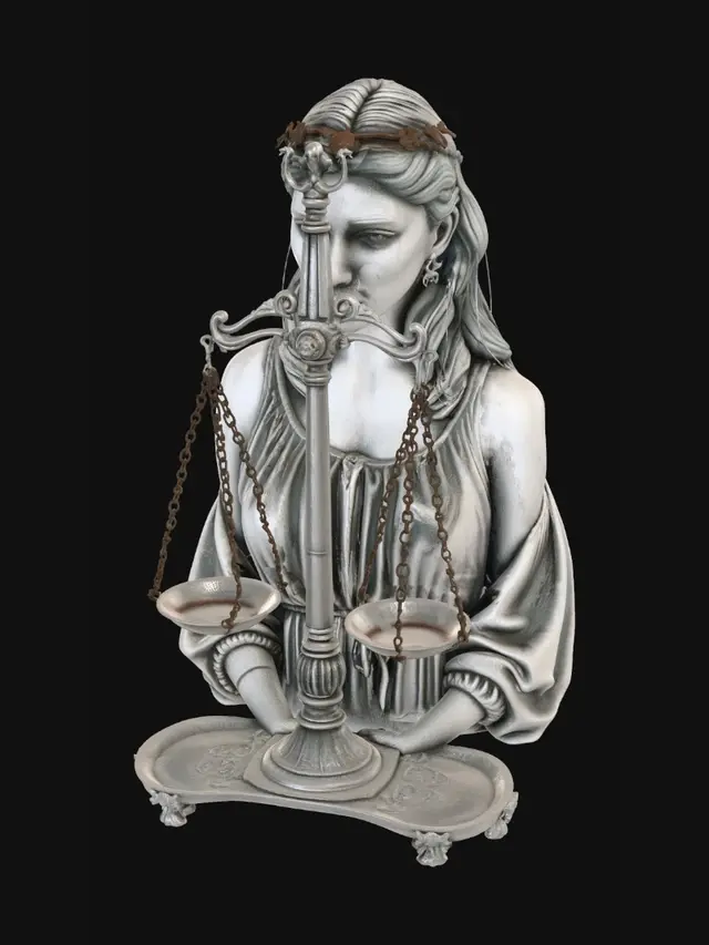3D model for 3D stylized diorama. A solemn young woman in a simple gray dress standing inside one large pan of an antique copper balance scale. In the opposing scale pan, a small, delicate translucent glowing fetus figurine. The central pillar of the scale is wrapped in heavy iron chains and topped with a rigid gavel, symbolizing the law. Weathered copper material with green patina. Dramatic cinematic lighting, high-contrast shadows, highly detailed textures, PBR materials, clean topology.