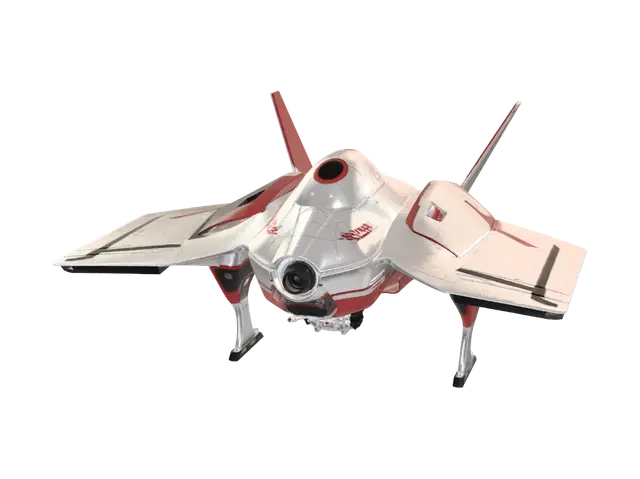 3D model for A futuristic military reconnaissance drone, featuring a polished silver fuselage with sharp, metallic red accents. Its aerodynamic, sleek design suggests high speed and maneuverability. A compact, high-tech weapon module is seamlessly integrated on its side, positioned just above the swept-back wings, presenting a formidable yet refined appearance with a smooth, hard surface.