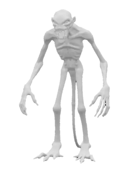 3D model for "Create a lanky horror monster with pale white skin and eerie white eyes, each featuring tiny black pupils. It has long, thin arms with sharp, elongated fingers. The creature's mouth is unnaturally large, filled with sharp, jagged teeth. Its body is unsettlingly thin, with a hunched posture, and its movements are jerky and unnatural. The creature exudes a menacing, otherworldly aura, perfect for a terrifying atmosphere in a horror game."