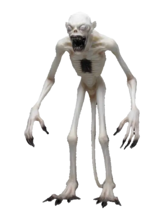 3D model for "Create a lanky horror monster with pale white skin and eerie white eyes, each featuring tiny black pupils. It has long, thin arms with sharp, elongated fingers. The creature's mouth is unnaturally large, filled with sharp, jagged teeth. Its body is unsettlingly thin, with a hunched posture, and its movements are jerky and unnatural. The creature exudes a menacing, otherworldly aura, perfect for a terrifying atmosphere in a horror game."