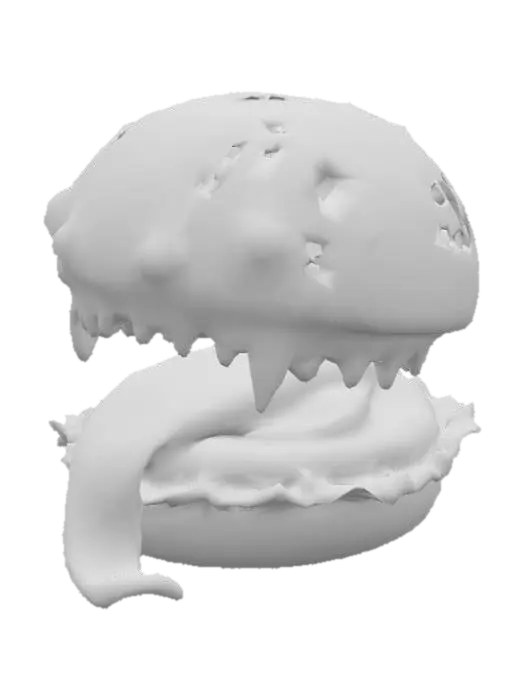 3D model for #food#, a hamburger with jaws and a long tounge and many eyes