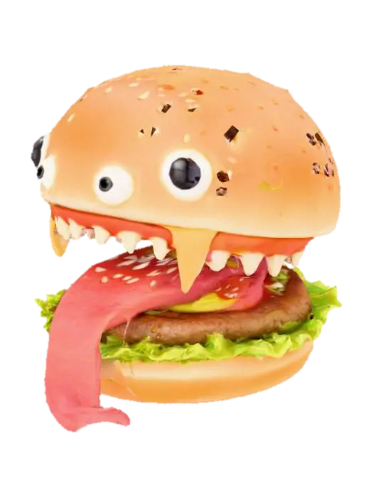 3D model for #food#, a hamburger with jaws and a long tounge and many eyes