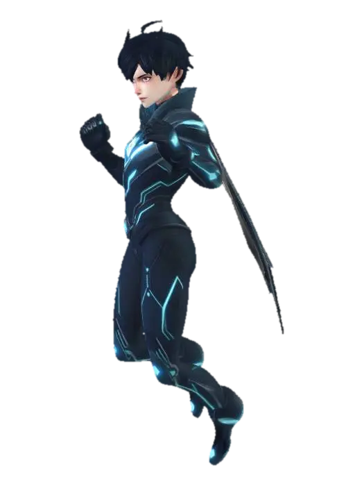 Anime male superhero, original character Nova Stride. Short dark hair with glowing… - Powered 3D model, vytvořený pomocí AI