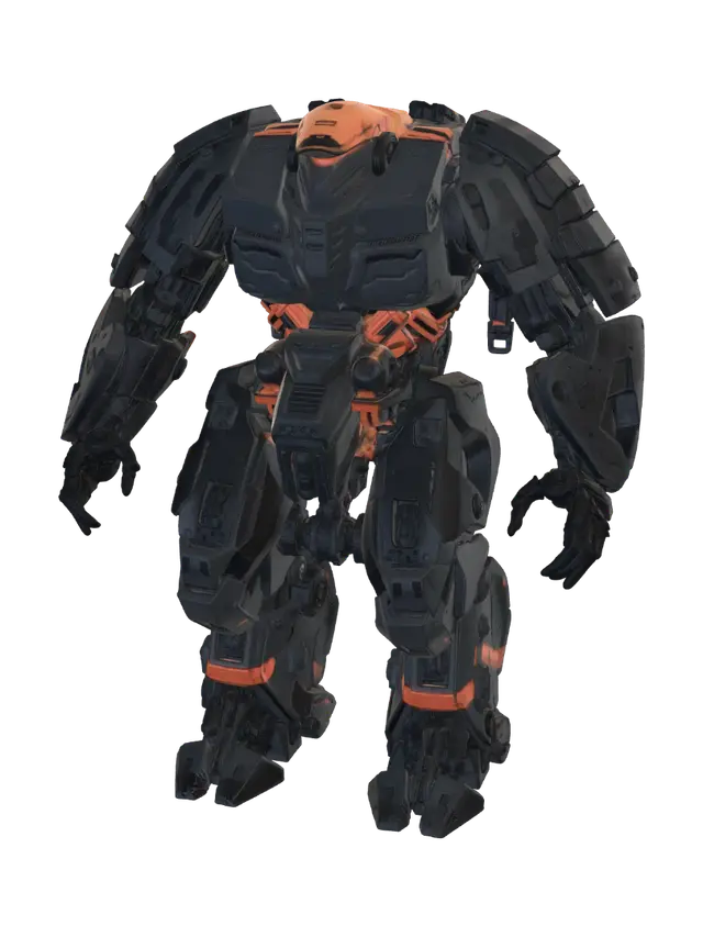 3D model for A Heavy Mecha designated "The Harbinger," inspired by a fusion of deep-sea diving suits and Samurai armor. The core is a high-density polymer battery pack. The body is covered in dark grey matte carbon fiber panels and bright orange emergency light strips. Requirement: Hard surface modeling, clear armor paneling, emphasis on mechanical joint articulation and sense of weight.