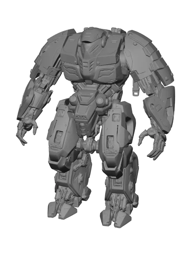 3D model for A Heavy Mecha designated "The Harbinger," inspired by a fusion of deep-sea diving suits and Samurai armor. The core is a high-density polymer battery pack. The body is covered in dark grey matte carbon fiber panels and bright orange emergency light strips. Requirement: Hard surface modeling, clear armor paneling, emphasis on mechanical joint articulation and sense of weight.