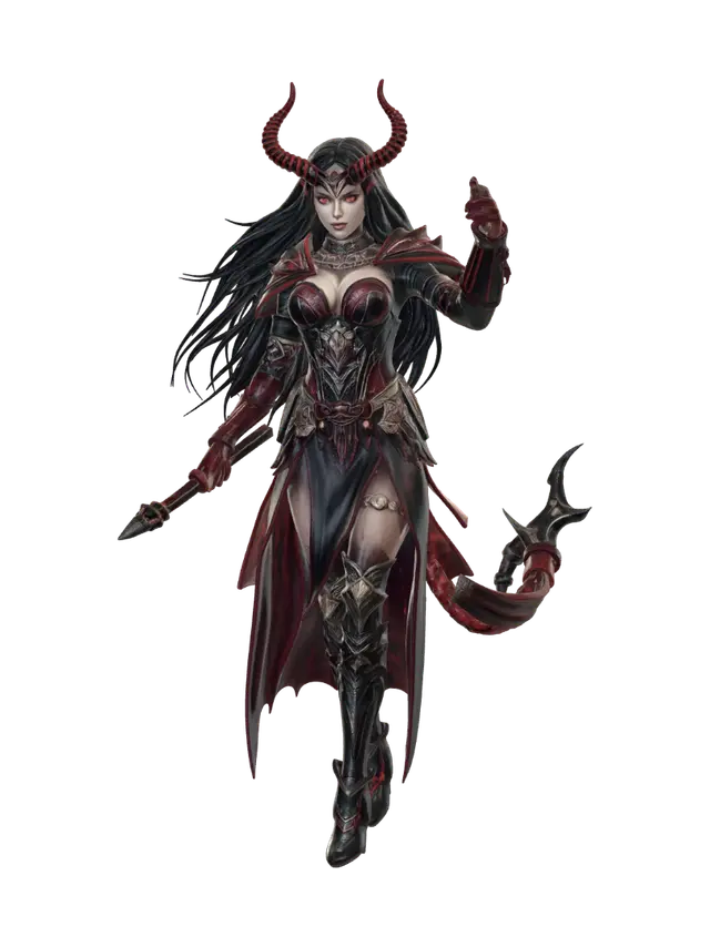 3D model for dark fantasy female demon warrior-sorceress, standing in an epic pose, long black flowing hair, elegant crimson horns, glowing red eyes, wearing detailed molten black and red armor with fiery runes, flames flowing through armor veins, one hand holding a blazing fire whip made of molten energy, the other channeling infernal magic, long tattered skirt with metal ornaments, armored boots on cracked volcanic ground glowing with lava, surrounded by embers and heat distortion, cinematic lighting, extremely detailed, high resolution texture, epic stance