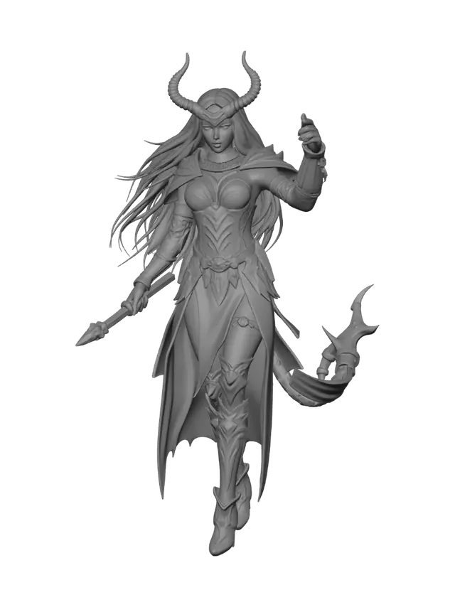 3D model for dark fantasy female demon warrior-sorceress, standing in an epic pose, long black flowing hair, elegant crimson horns, glowing red eyes, wearing detailed molten black and red armor with fiery runes, flames flowing through armor veins, one hand holding a blazing fire whip made of molten energy, the other channeling infernal magic, long tattered skirt with metal ornaments, armored boots on cracked volcanic ground glowing with lava, surrounded by embers and heat distortion, cinematic lighting, extremely detailed, high resolution texture, epic stance