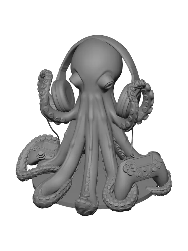 3D model for Step 1 (Main Topic - REVISED): Empty, functional desk stand structure for holding headphones and two separate game controllers.
Step 2 (Style Detail - REVISED): Complex Kraken octopus theme applied to an empty geometry. Highly detailed surface with prominent octopus suckers. Professional 3D-printable model, manifold geometry, solid structure, matte gray finish, clean aesthetic.
Step 3 (Depth - REVISED): Strict functional separation: all device positions are rendered as clean, empty, integrated receptacles (no controllers, no headphones). Upper part is a sturdier, sucker-covered tentacle platform for headphones to rest on. Below, there are two distinct, separate, empty tentacle-arm cradles positioned at different levels, each a perfect functional receptacle to receive an empty controller.