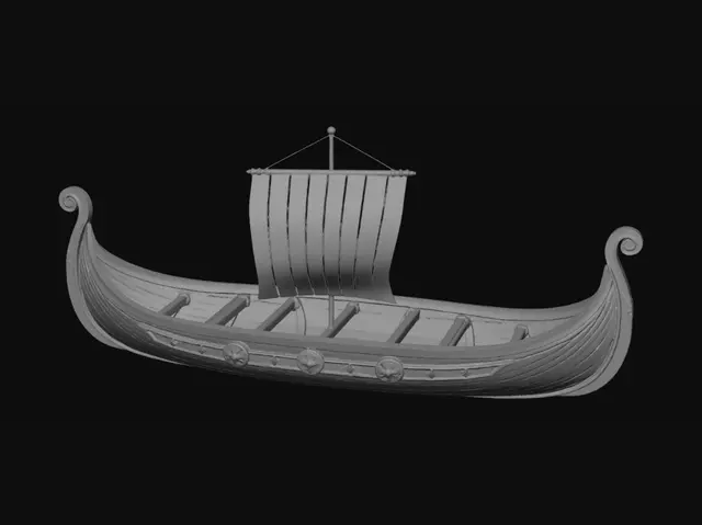 3D model for Erstelle ein detailliertes 3D-Modell eines Wikinger-Langschiffs ohne Segel, inspiriert von historischen nordischen Drakkar-Booten. Das Schiff soll lang und schmal sein, mit elegant geschwungenem Bug und Heck, beide Enden leicht nach oben gebogen und mit feinen nordischen Holzschnitzereien verziert. Die Ansicht basiert auf einer klaren Seitenansicht und Unteransicht. Der Rumpf besteht aus überlappenden Holzplanken mit realistischer Holzmaserung und leicht verwitterter Oberfläche. Entlang der Seiten hängen runde Wikinger-Schilde. einfache Holzkonstruktion. Kein Mast, kein Segel, keine Figuren. Optimiert für 3D-Druck, saubere Topologie, symmetrischer Aufbau, geschlossener Body, hohe Details, realistische Proportionen, supportarm für Bambu/Prusa Drucker.