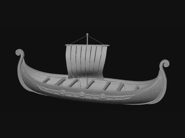 3D model for Erstelle ein detailliertes 3D-Modell eines Wikinger-Langschiffs ohne Segel, inspiriert von historischen nordischen Drakkar-Booten. Das Schiff soll lang und schmal sein, mit elegant geschwungenem Bug und Heck, beide Enden leicht nach oben gebogen und mit feinen nordischen Holzschnitzereien verziert. Die Ansicht basiert auf einer klaren Seitenansicht und Unteransicht. Der Rumpf besteht aus überlappenden Holzplanken mit realistischer Holzmaserung und leicht verwitterter Oberfläche. Entlang der Seiten hängen runde Wikinger-Schilde. einfache Holzkonstruktion. Kein Mast, kein Segel, keine Figuren. Optimiert für 3D-Druck, saubere Topologie, symmetrischer Aufbau, geschlossener Body, hohe Details, realistische Proportionen, supportarm für Bambu/Prusa Drucker.